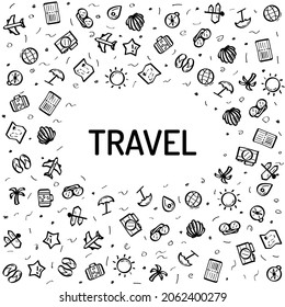Abstract Doodle Frame Elements Hand Drawn Collection Travel Tourism Sketch Vector Design Style Background Summer Sun Compass Camera Plane Glasses Ticket Illustration Icons