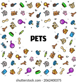 Abstract Doodle Frame Elements Hand Drawn Collection Pets Animal Sketch Vector Design Style Background Dog Cat Bone Food Training Caring Grooming  Illustration Icons