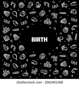 Abstract Doodle Frame Elements. Hand Drawn Birthday Sketch Style Collection Vector Design Background. Child, Balloon, Cake, Ribbon, Diapers Cartoon Icon Illustration