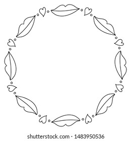 Abstract doodle frame with lips and hearts. Isolated on white background. Can be used for greeting cards on valentines day, sales. Vector stock illustration.