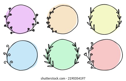 Abstract doodle frames colorful pastel set hand drawn. Cute round lines with leaves, circles, plant collection for weddings, happy birthday.