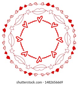 Abstract doodle frames set with hearts and lips. Isolated abstract hand drawn art on white background. Vector stock illustration.