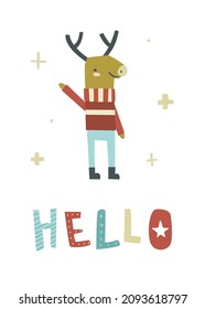 Abstract doodle friendly deer poster. Scandinavian style moose say "hello". Print for greeting card.