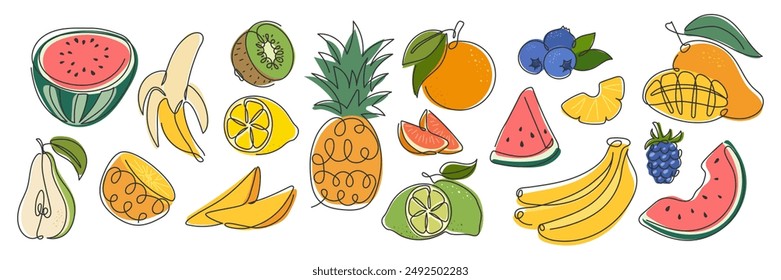 Abstrakte Doodle-Frucht-Kollektion. Doodle tropische Früchte Beerenfrüchte. Linie gezeichnet Mango, Wassermelone, Ananas, Banane. Zutat für Saft, Smoothie, Jogurt, Cocktail. Verpackung, Etiketten Design-Element