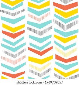 Abstract doodle geometric chevron seamless pattern. Blue, yellow, red, striped zigzag waves on white background. Fancy ethnic boho texture for fabric print, wallpaper, gift wrap.