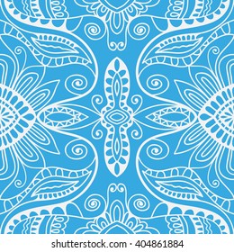 Abstract doodle graphic background, seamless floral lace pattern, repeating geometric texture. Tribal ethnic ornament, vector illustration. 