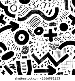 Abstract doodle grunge seamless pattern with squiggles and doodles. Brush drawn bold curved lines, crayon scribbles. Childish art background with grunge shapes, thin and thick rough lines.