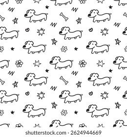 Abstract doodle hand drawn cartoon with outline seamless pattern background. element of dog, puppy for wrapping and wallpaper