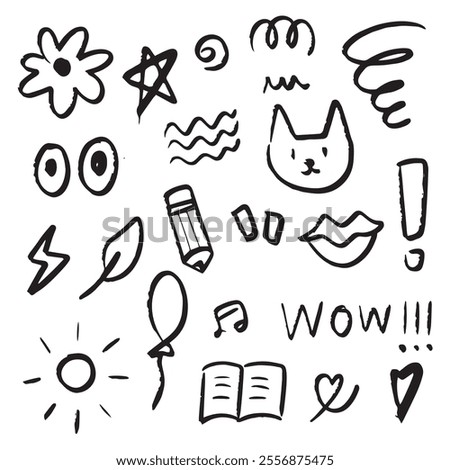 Abstract doodle hand drawn cartoon. Cute stuffs with stroke for element and illustration. Flower, star, sun, cloud, cat and heart