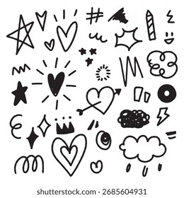 Abstrato doodle mão desenhada para elemento e ilustração. Elementos de várias estrelas e coração