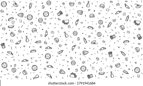 Abstract Doodle Hand Drawn Fast Food Elements Pizza Hamburger Snack Drink Croissant Sketch Vector Design Style Background Menu Illustration Icons