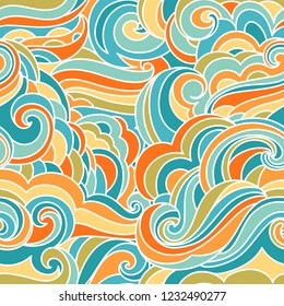 Abstract doodle hand drawn pattern. Seamless vector bright colorful  background. Fantasy waves illustration art.