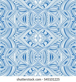Abstract doodle hand drawn pattern. Vector seamless blue and white background.
