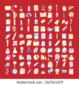 Abstract doodle hand drawn school icon big set collection. Back to school isolated shape