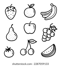 Conjunto de dibujo de la mano del doodle abstracto, frutos de la línea delgada negra en la ilustración del vector