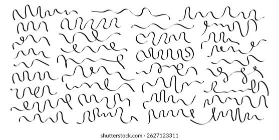 Abstract doodle hand drawn set of black vector curly ribbons, swashes, calligraphy lines. Flourish wavy swirls, elegant strokes for graphic design, frame and underline border decoration