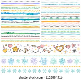Abstract doodle hand drawn Xmas decorations. Patterns, ornaments, decorative greeting design elements. Hearts, showflakes, flowers symbols kit. Vector seamless borders, brushes set.  
