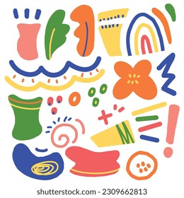Abstract doodle handdrawn shapes, various objects and modern trendy with colorful