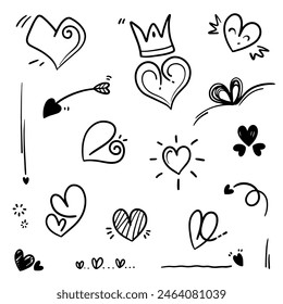 Abstract Doodle heart in many collections. brush Sign isolated love in Vector illustration