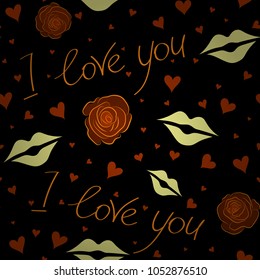 Abstract doodle heart, rose flower, love letter and love text seamless pattern in yellow, black and brown colors. Vector Valentines day sketch.