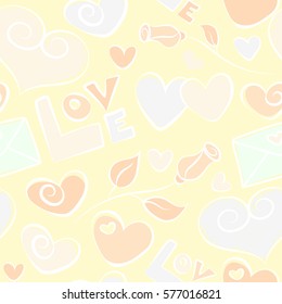 Abstract doodle heart, rose flower, love letter and love text seamless pattern in beige colors. Vector Valentines day sketch.