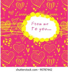 Abstract doodle hearts background with a text frame