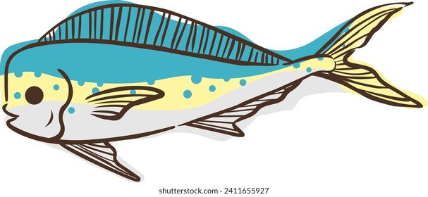 Abstract doodle hippurus fish sign illustration for decoration on marine life, aquarium, fishing and nautical concept.