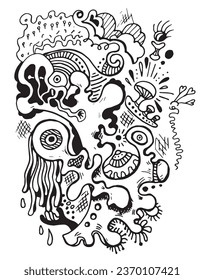 abstract doodle illustration, hand drawn coloring page, black and white outline sketch