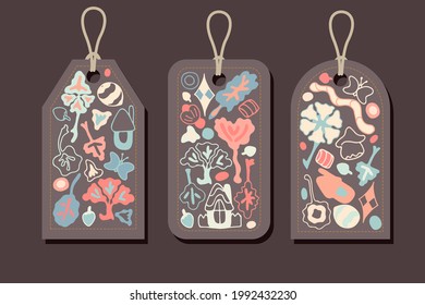 Abstract doodle illustration. Semicircular design eco packaging, leaves, nature, trees. Vector, paper packaging, eco-product, label. Use for your environmental clean goods