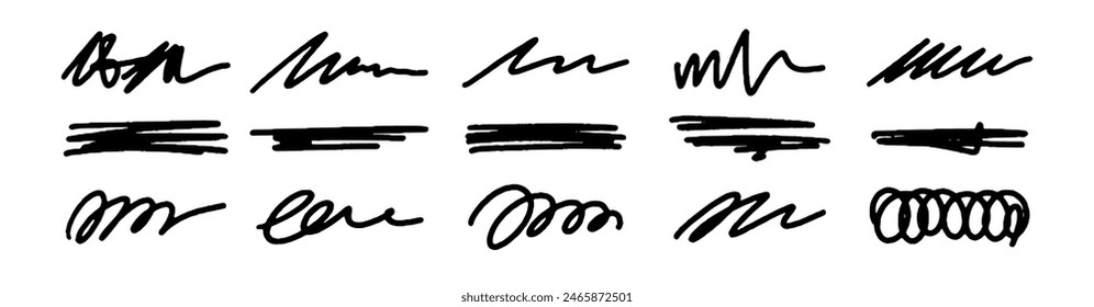 Abstract doodle ink line brush stroke elements set bundle vector illustration.