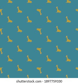 Abstract doodle kids seamless pattern with little yellow giraffe silhouettes. Blue background. Vector illustration for seasonal textile prints, fabric, banners, backdrops and wallpapers.