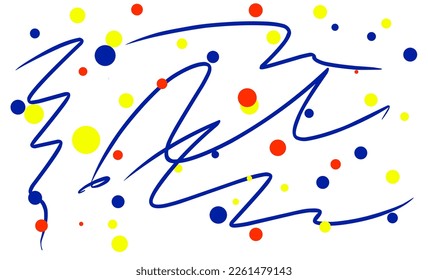 Abstract doodle line art with red, yellow, and blue circle on white background.