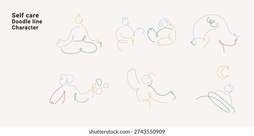 Abstract doodle line characters representing self care, relaxation, and mindfulness. Minimal colorful line art style ideal for wellness, mental health, lifestyle, and presentation design.
