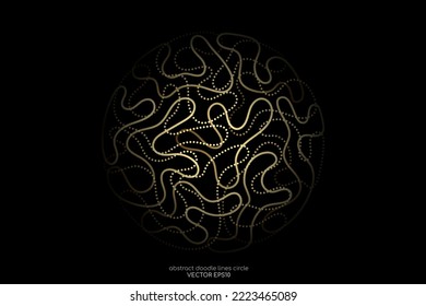 Abstract doodle line in circle sphere shape by gold light line like brain isolated on black background. Vector 3D illustration in concept of modern, luxury, creative, brain, A.I. technology.