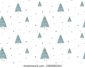 Abstract Doodle Line drawn Christmas trees on white Background. Seamless Winter Holiday Pattern. Snow Xmas pine fir spruce ornament