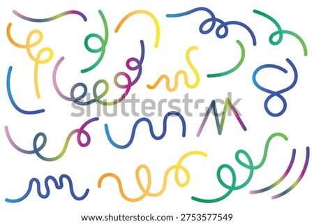 Abstract doodle line shapes, colorful confetti squiggle set.  colorful swirls and curves, line squiggles elements, cute carnival confetti ribbons. Hand drawn arrow set with crayon texture .