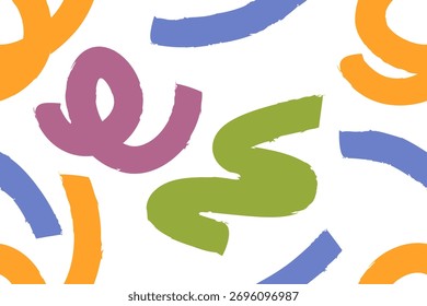 Padrão abstrato de linhas de rabiscar. Fundo de confete colorido, design de textura festiva. Impressão sem fim, curvas geométricas modernas, fogos de artifício, elementos ondulados funky. Ilustração de vetor plano colorido