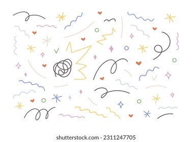 Abstract doodle lines, scribble design elements set. Creative squiggles, curves, waves, zigzags. Modern trendy freehand decorations. Hand-drawn vector illustrations isolated on white background