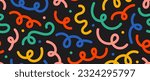 Abstract doodle lines seamless pattern. Bright colorful confetti and serpentine streamer repeating background. Cute childish scribble shapes and curved stripes wallpaper. Vector backdrop 