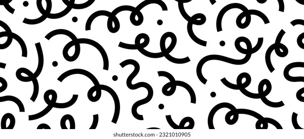 Abstract doodle lines seamless pattern. Black and white confetti and serpentine streamer repeating background. Cute childish scribble shapes and curved stripes wallpaper. Vector backdrop 