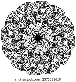 Abstract doodle mandala with drop-shaped swirls, meditative coloring page vector illustration for inspiration 