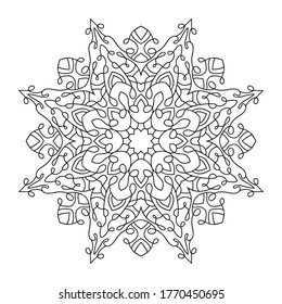 Abstract doodle mandala with floral patterns on white isolated background. For coloring book pages.