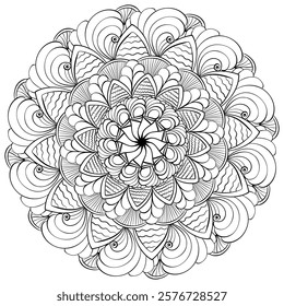 Abstract doodle mandala with spirals and striped petals, meditative coloring page vector illustration for activity and design