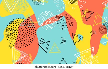 Abstract Doodle. Memphis Colorful Pattern. 1980s Coral Cover. Yellow Flow Background. Blue Splash Decor. Doodle Abstract Illustration. Funny Drawing. Dot Composition.