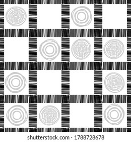 Abstract Doodle. Memphis seamless background. Geometric pattern in 80-90s style. Design with manual hatching. Vector illustration for web design or print.