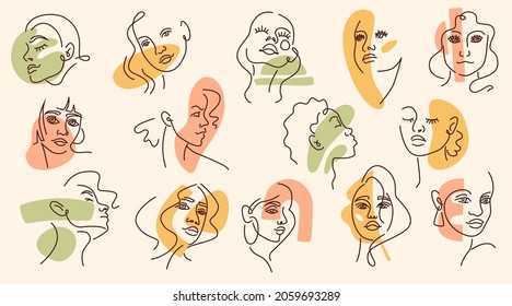 Abstract doodle modern face with color elements. Vector set of women with hairstyle, fashion concept, woman beauty minimalist, print graphics style. Lady head creative portraits with color spots