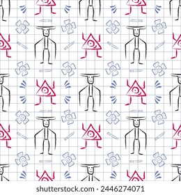 Abstract doodle monsters with knife and evil flower drawn stylish school pattern. For print, textile, abstract, painted, aliens