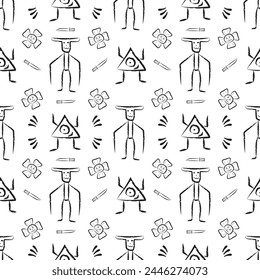 Abstract doodle monsters with knife and evil flower drawn stylish black and white pattern. For print, textile, abstract, painted, aliens