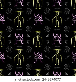 Abstract doodle monsters with knife and evil flower drawn stylish colored pattern. For print, textile, abstract, painted, aliens