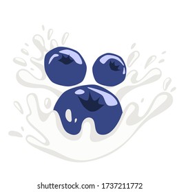 Resumen de objetos de doodle, arándanos azules y salpicaduras de leche. Estilo de caricatura moderno. Vector